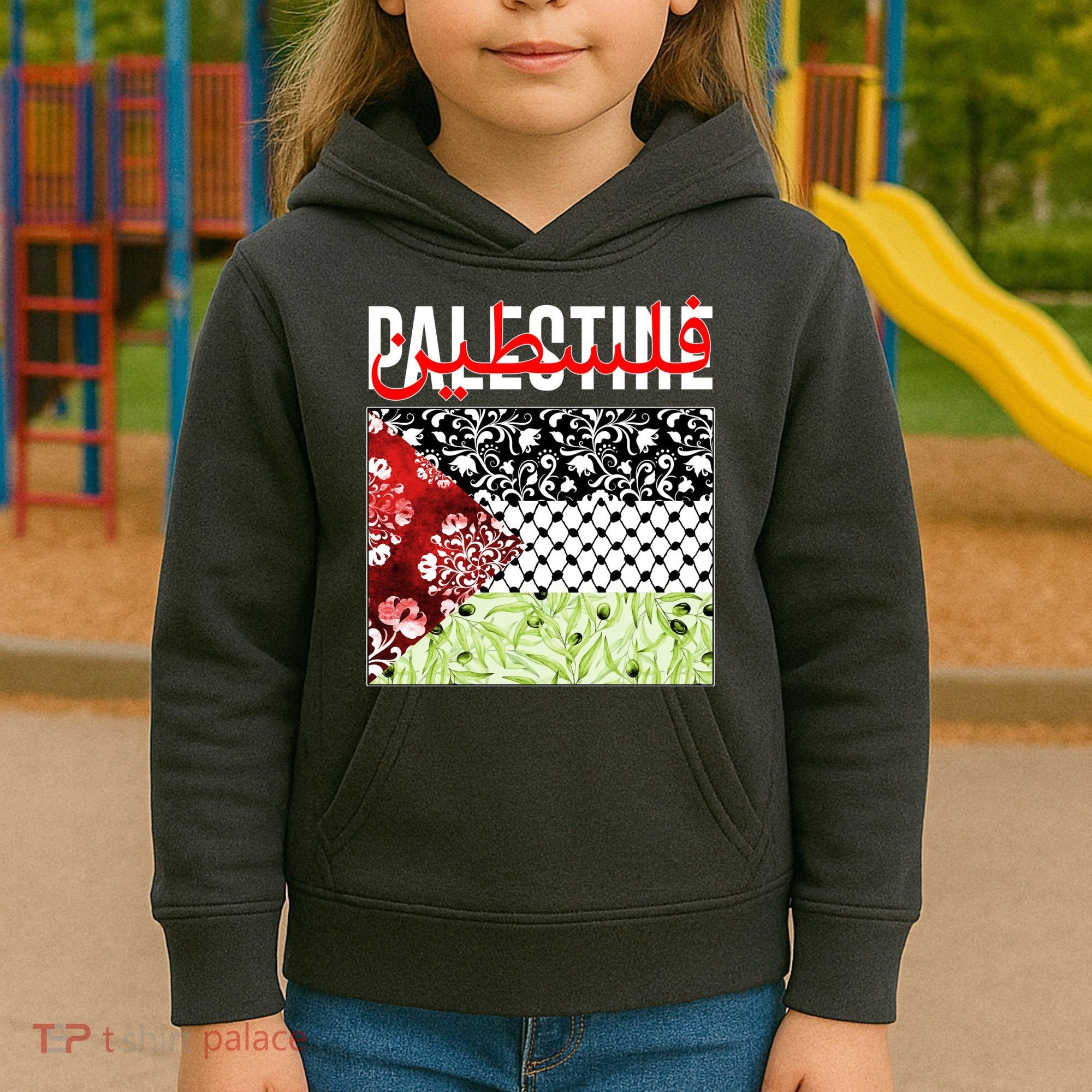 Support Palestine Flag Traditional Keffiyeh Floral Patterns Kids Hoodie