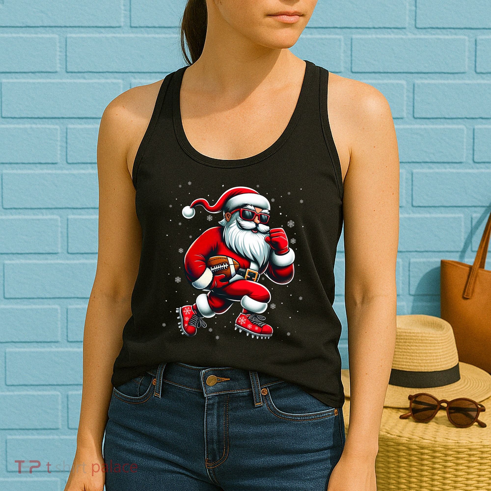 Santa Playing Football Christmas Football Players Women's Tank Top