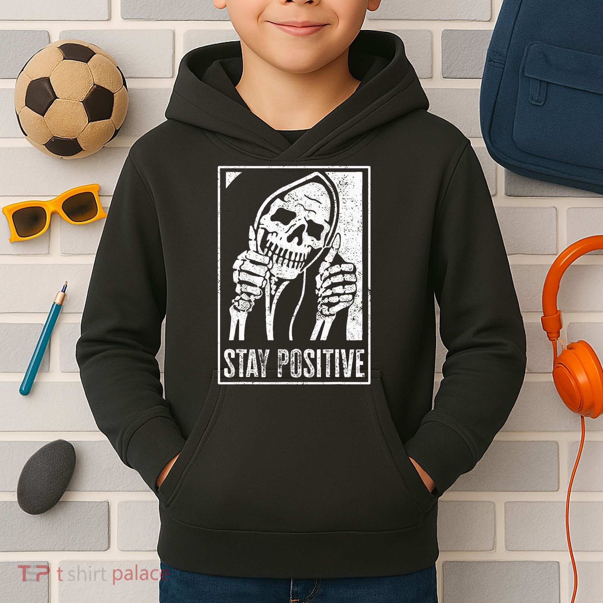 Stay Positive Funny Skeleton Be Positive Skull Halloween Kids Hoodie