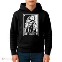 Stay Positive Funny Skeleton Be Positive Skull Halloween Kids Hoodie thumb 4