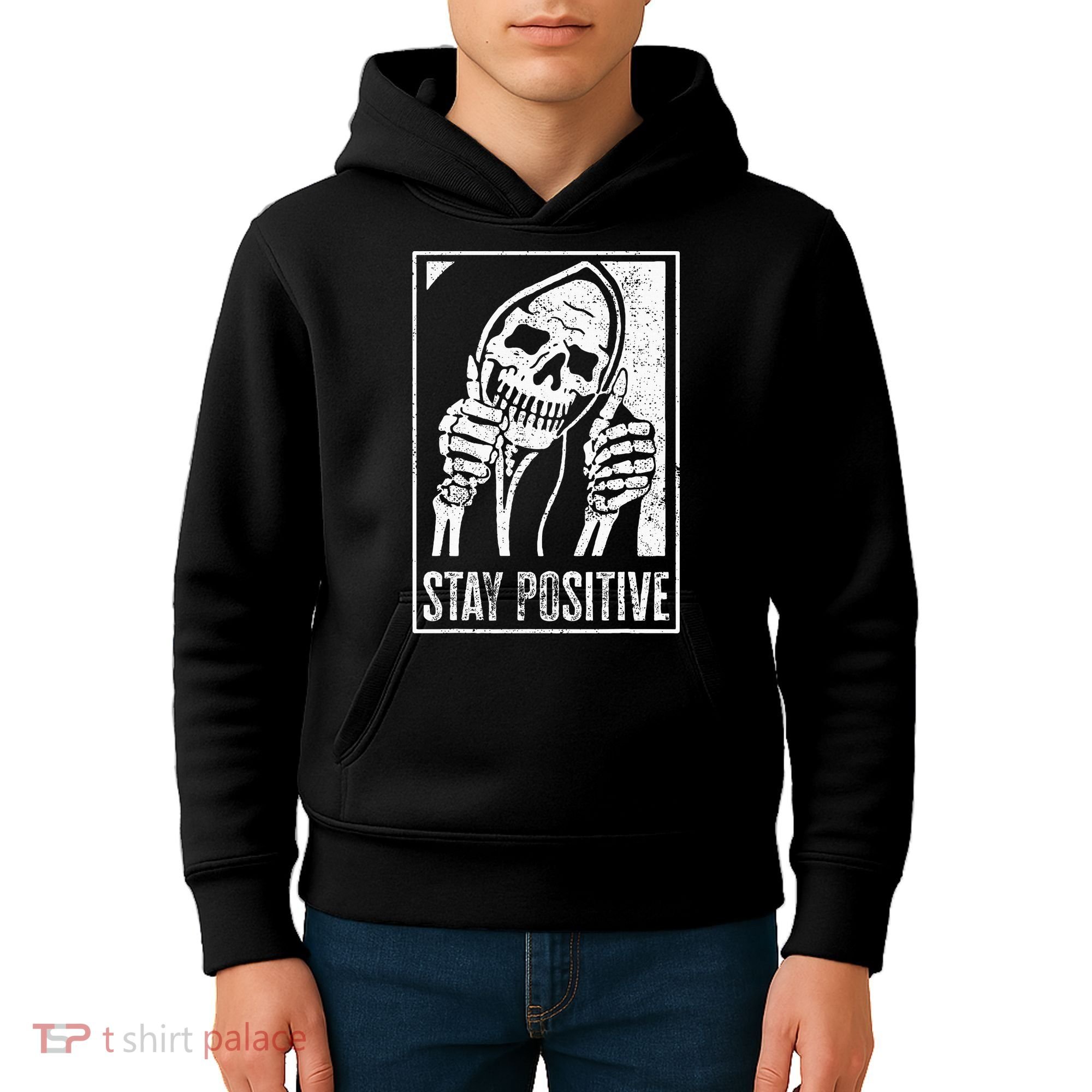 Stay Positive Funny Skeleton Be Positive Skull Halloween Kids Hoodie