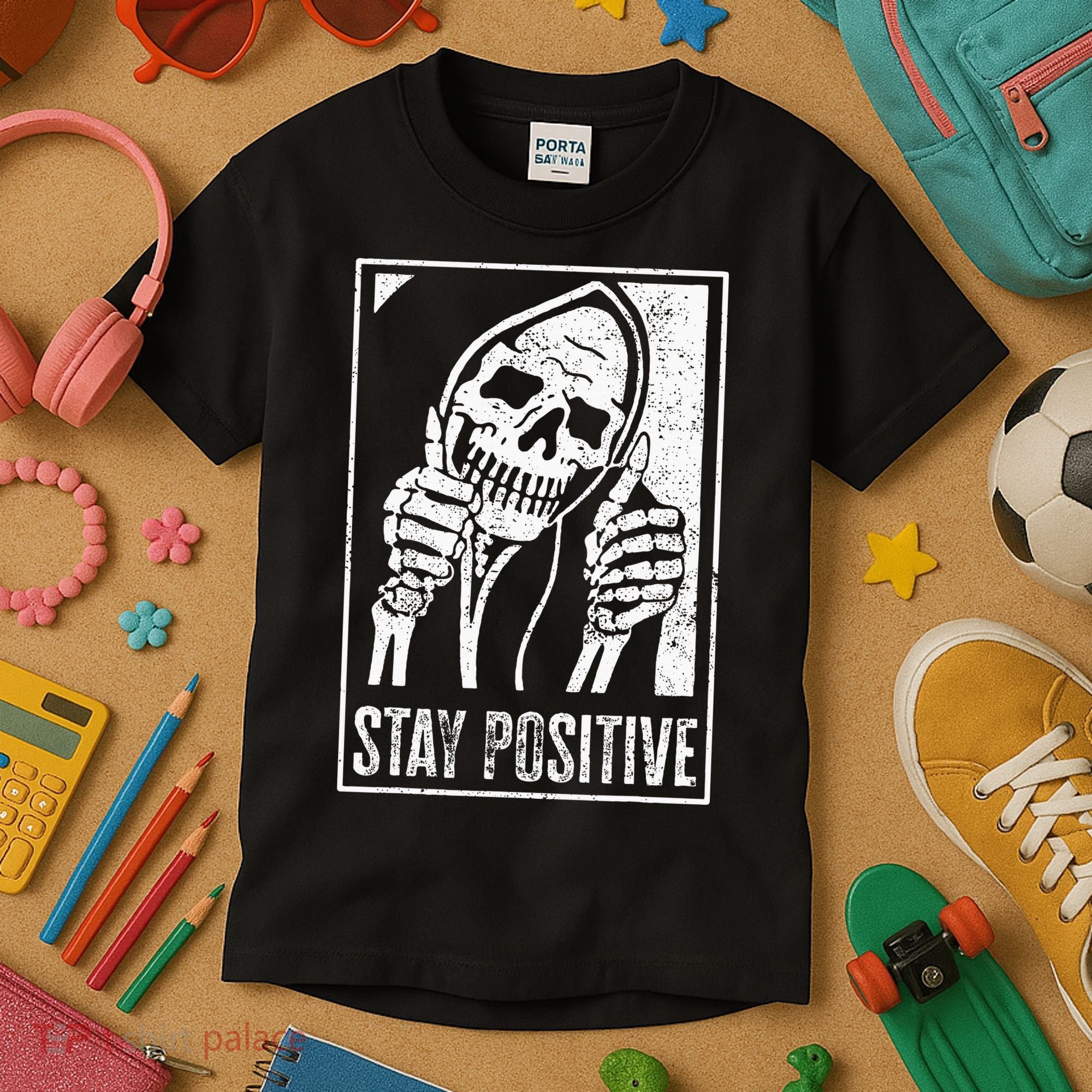Stay Positive Funny Skeleton Be Positive Skull Halloween Kids T-Shirt