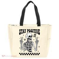 Stay Positive Funny Halloween Skeleton Peace Spooky Season Funny Gift Tote Bag thumb 0