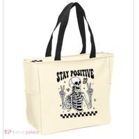 Stay Positive Funny Halloween Skeleton Peace Spooky Season Funny Gift Tote Bag thumb 2