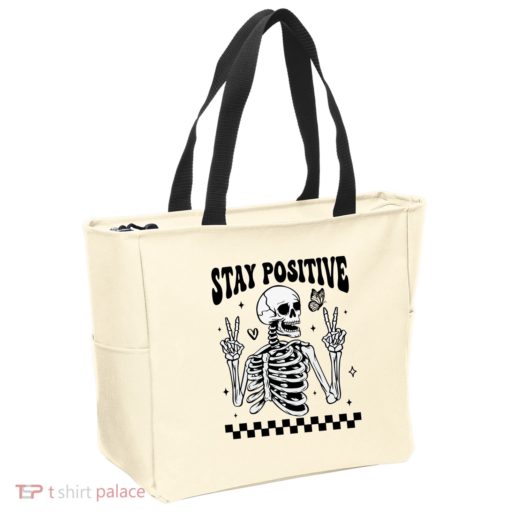 Stay Positive Funny Halloween Skeleton Peace Spooky Season Funny Gift Tote Bag