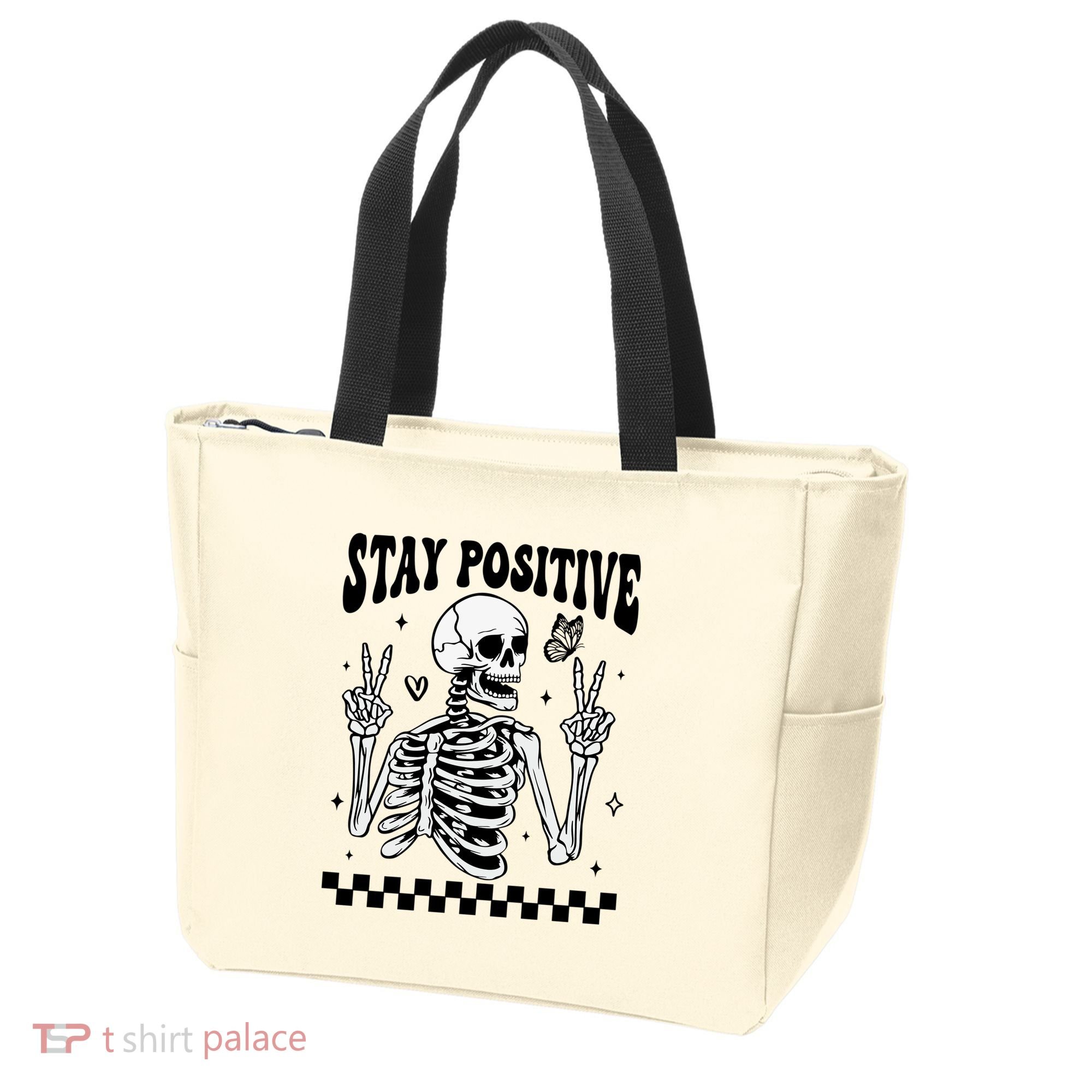 Stay Positive Funny Halloween Skeleton Peace Spooky Season Funny Gift Tote Bag