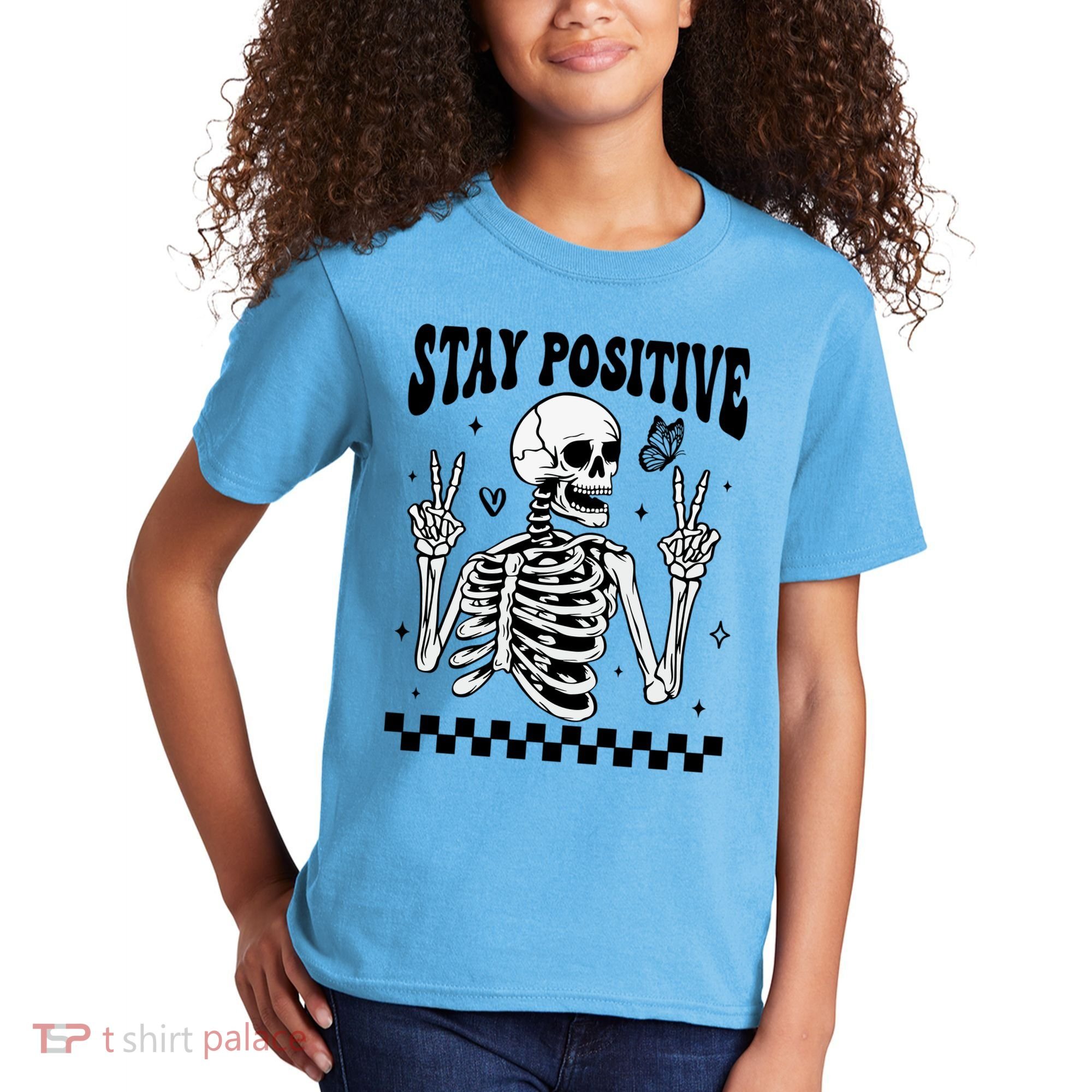 Stay Positive Funny Halloween Skeleton Peace Spooky Season Funny Gift Kids T-Shirt