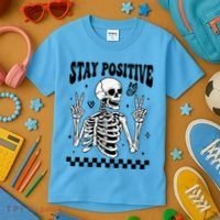 Stay Positive Funny Halloween Skeleton Peace Spooky Season Funny Gift Kids T-Shirt thumb 3