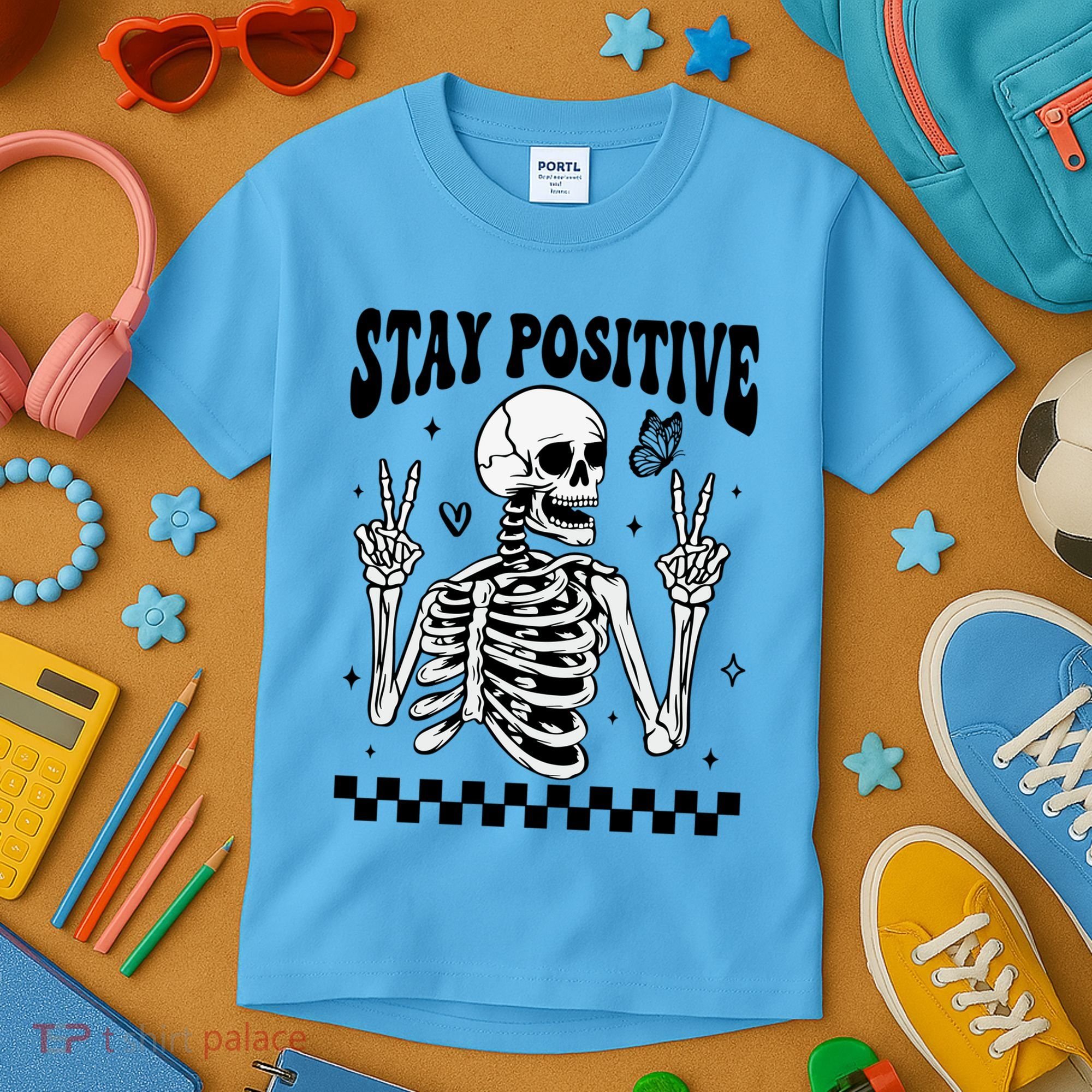 Stay Positive Funny Halloween Skeleton Peace Spooky Season Funny Gift Kids T-Shirt