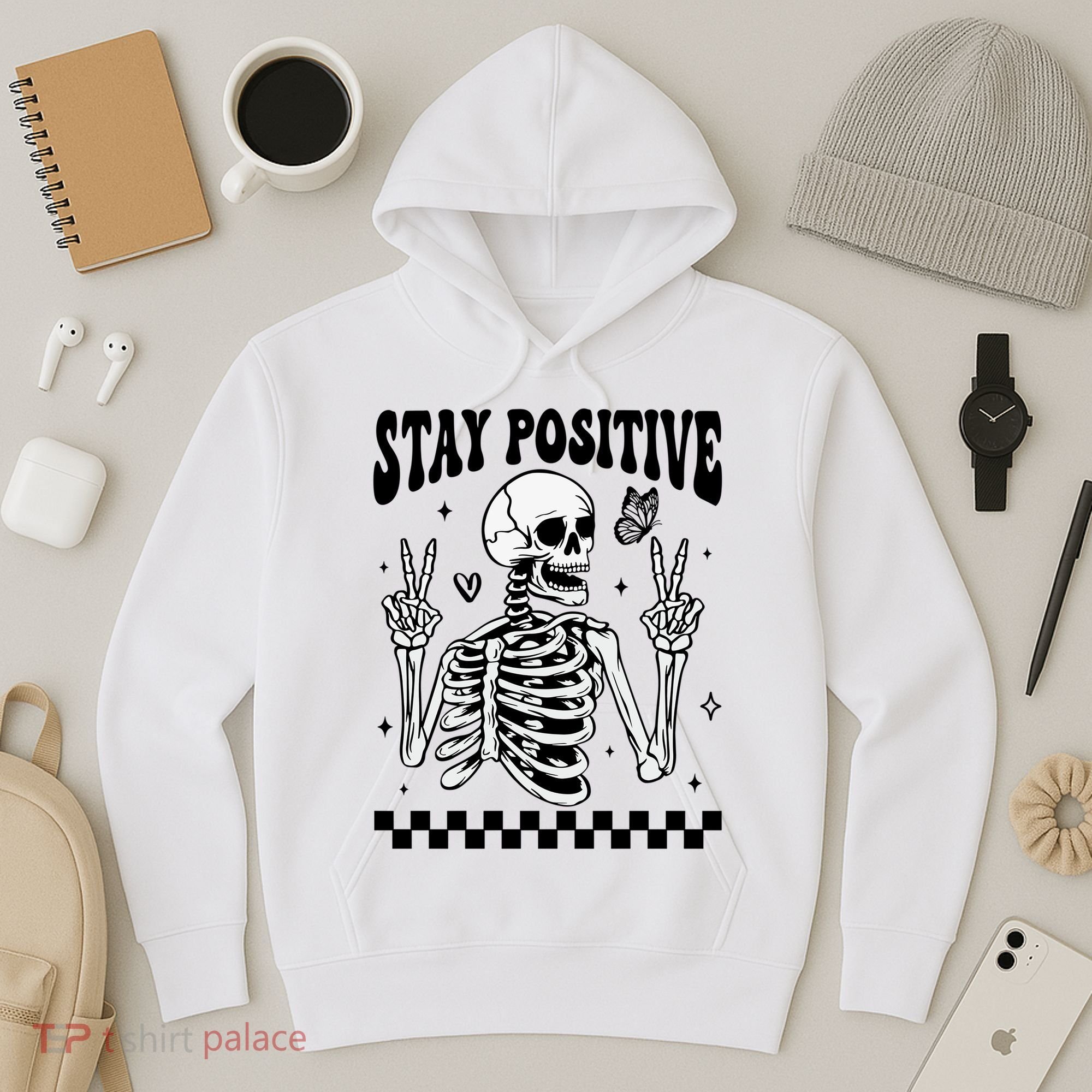 Stay Positive Funny Halloween Skeleton Peace Spooky Season Funny Gift Hoodie