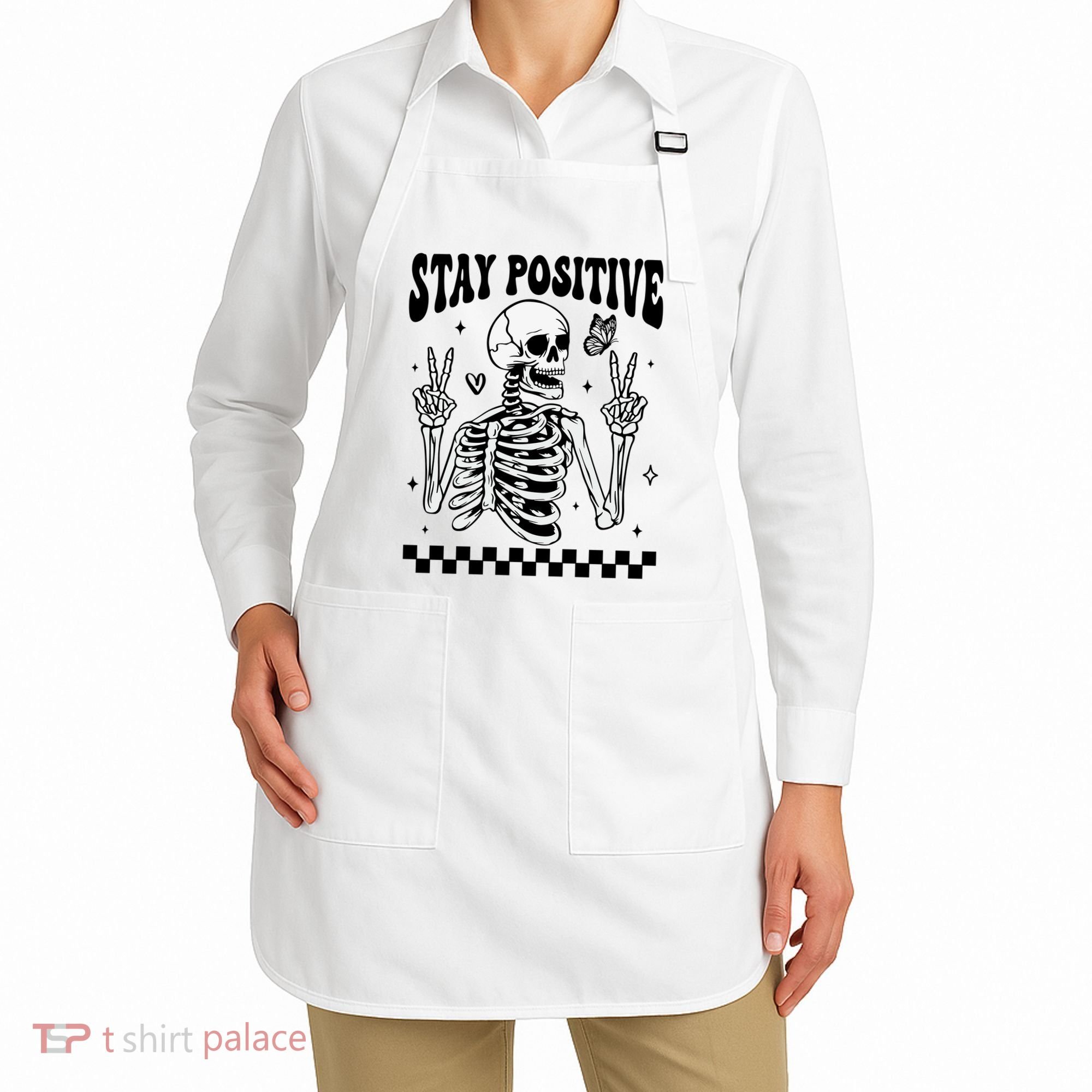 Stay Positive Funny Halloween Skeleton Peace Spooky Season Funny Gift Apron