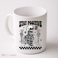 Stay Positive Funny Halloween Skeleton Peace Spooky Season Funny Gift Coffee Mug thumb 0