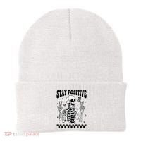 Stay Positive Funny Halloween Skeleton Peace Spooky Season Funny Gift Beanie thumb 0
