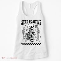 Stay Positive Funny Halloween Skeleton Peace Spooky Season Funny Gift Women's Tank Top thumb 0
