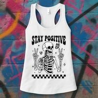 Stay Positive Funny Halloween Skeleton Peace Spooky Season Funny Gift Women's Tank Top thumb 3