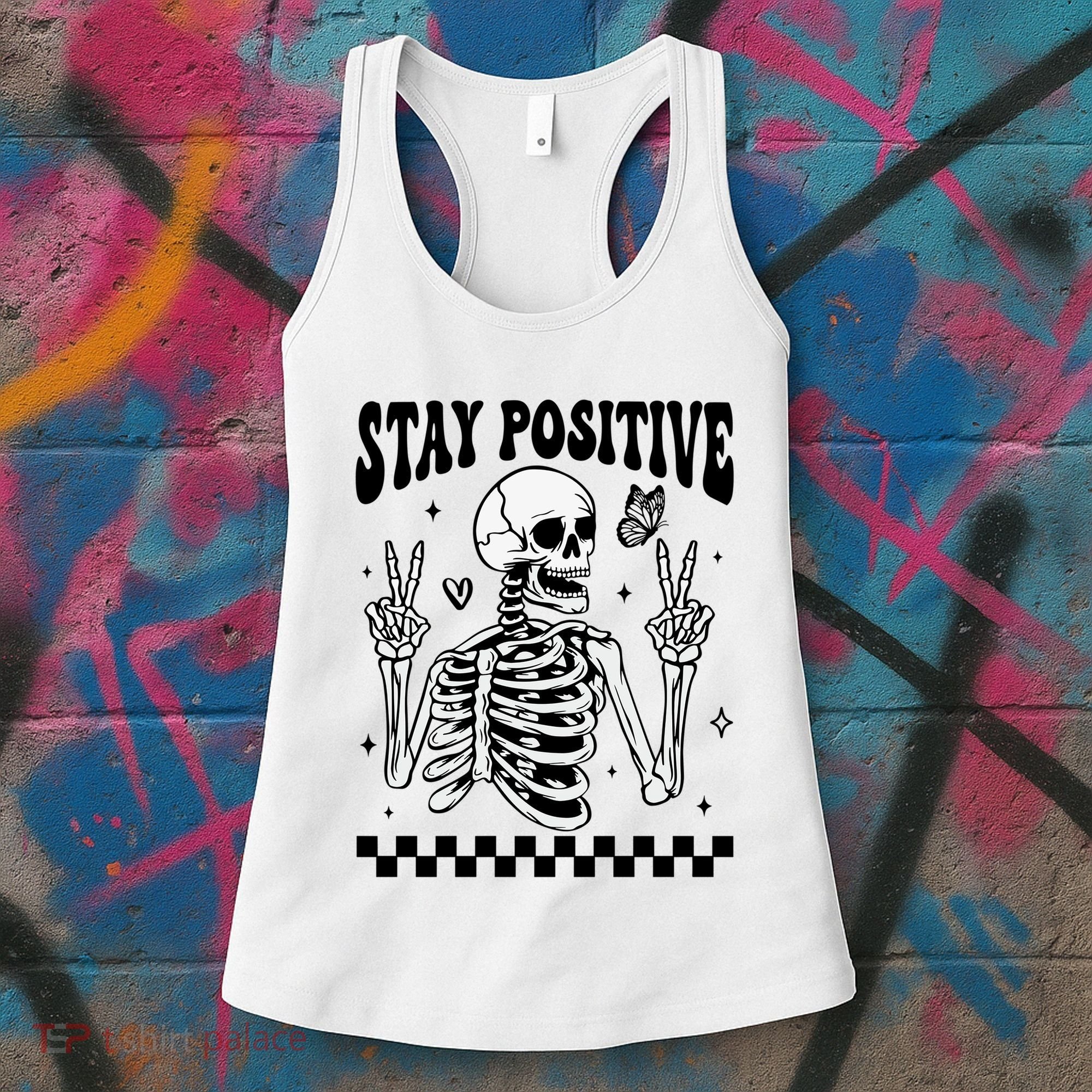 Stay Positive Funny Halloween Skeleton Peace Spooky Season Funny Gift Women's Tank Top