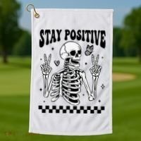 Stay Positive Funny Halloween Skeleton Peace Spooky Season Funny Gift Golf Towel thumb 1