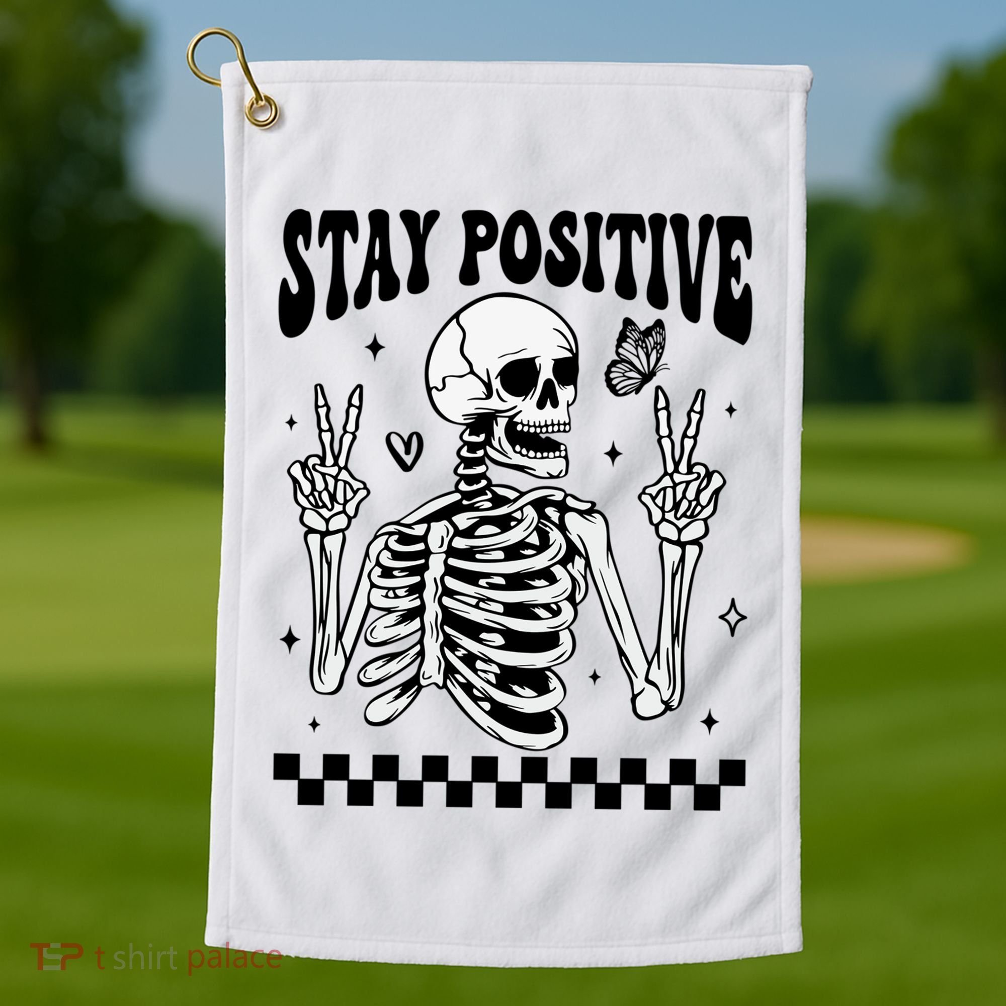 Stay Positive Funny Halloween Skeleton Peace Spooky Season Funny Gift Golf Towel