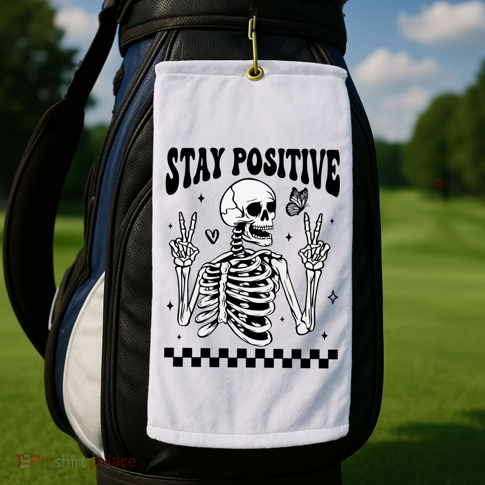 Stay Positive Funny Halloween Skeleton Peace Spooky Season Funny Gift Golf Towel