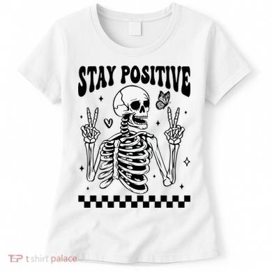 Stay Positive Funny Halloween Skeleton Peace Spooky Season Funny Gift Women's T-Shirt