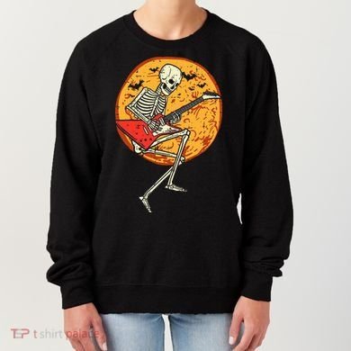 Skeleton Playing Guitar Rock Moon Halloween Music Women's Sweatshirt