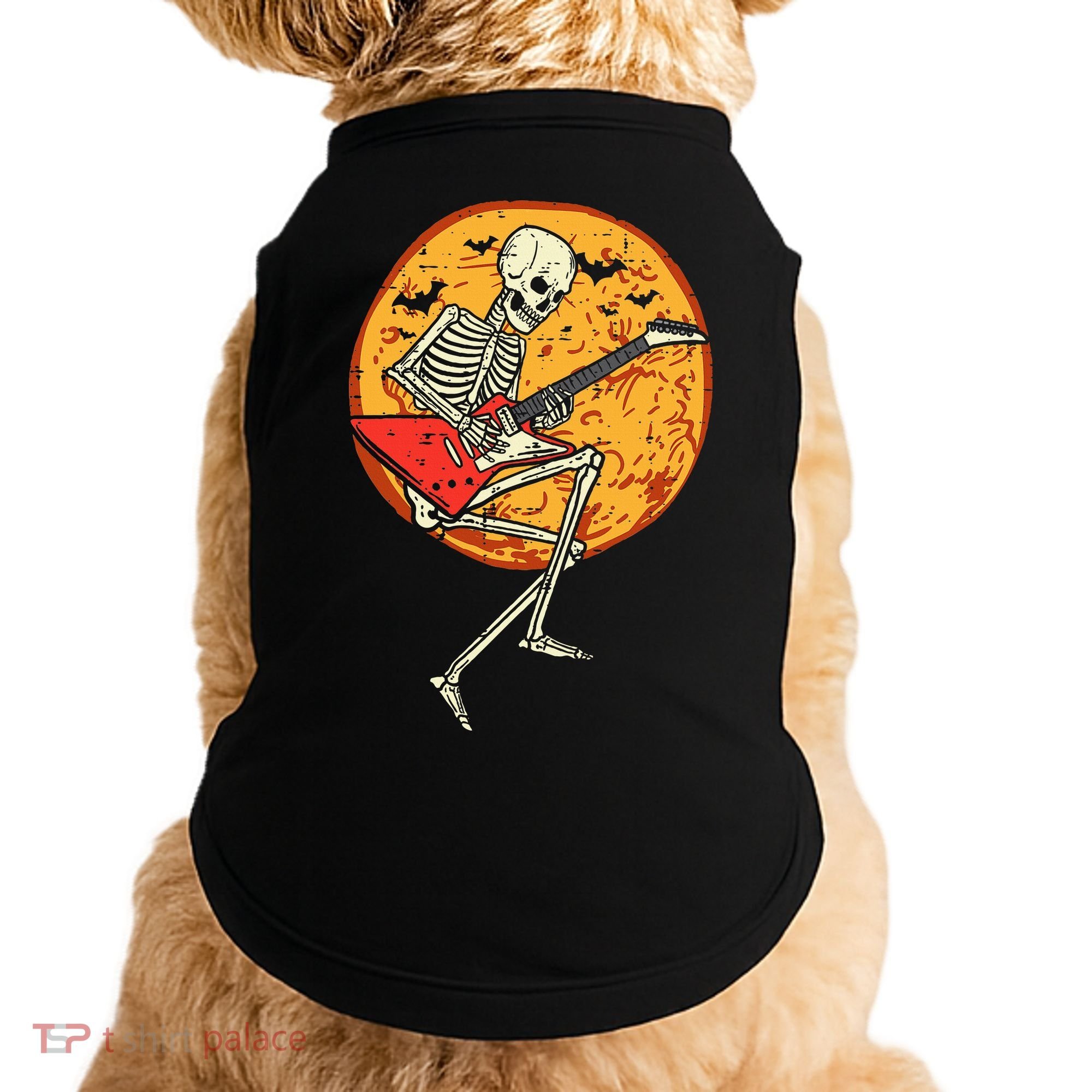 Skeleton Playing Guitar Rock Moon Halloween Music Doggie Tank