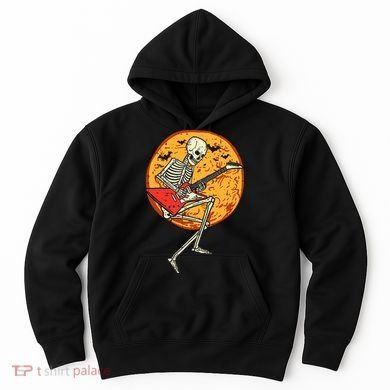 Skeleton Playing Guitar Rock Moon Halloween Music Hoodie
