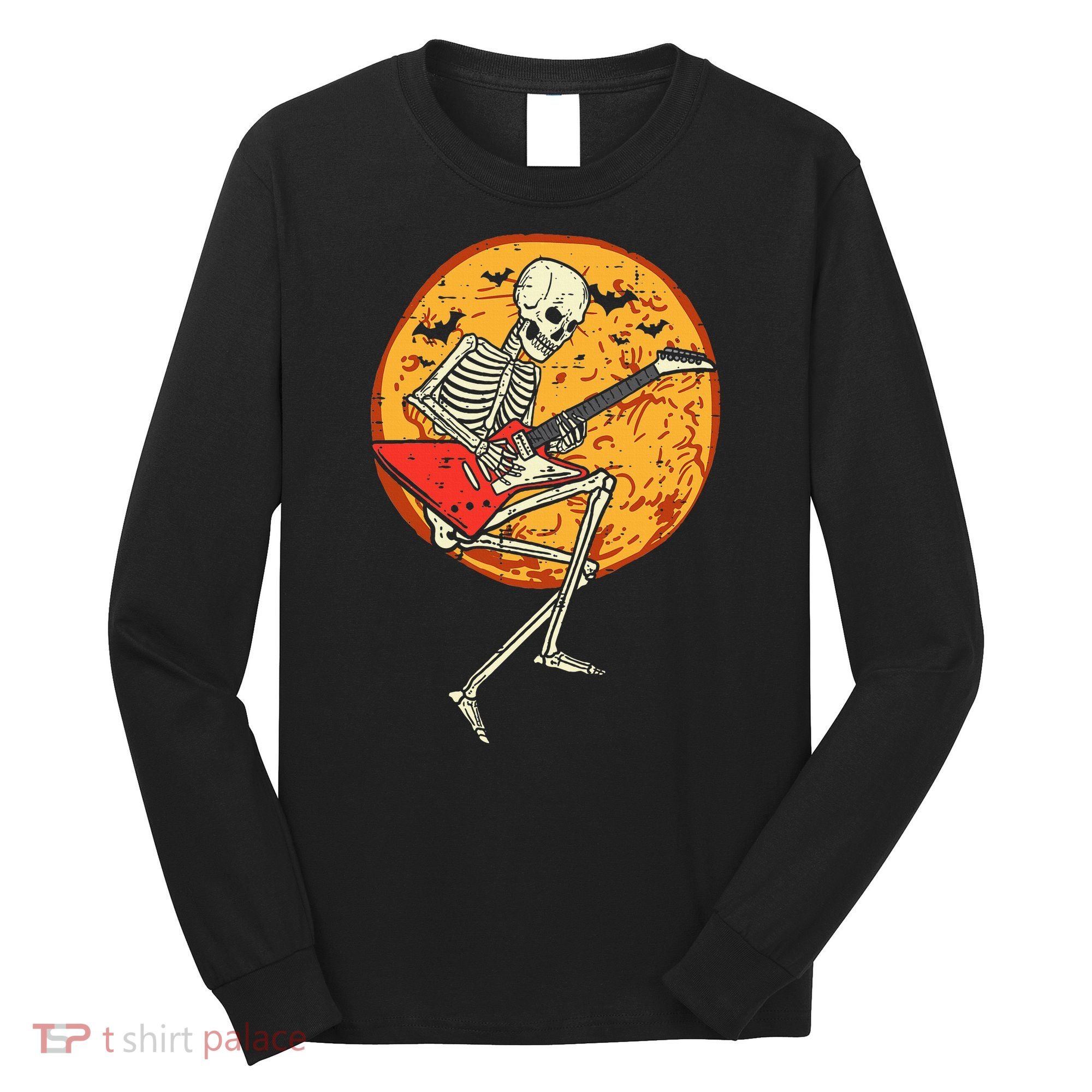 Skeleton Playing Guitar Rock Moon Halloween Music Long Sleeve Shirt