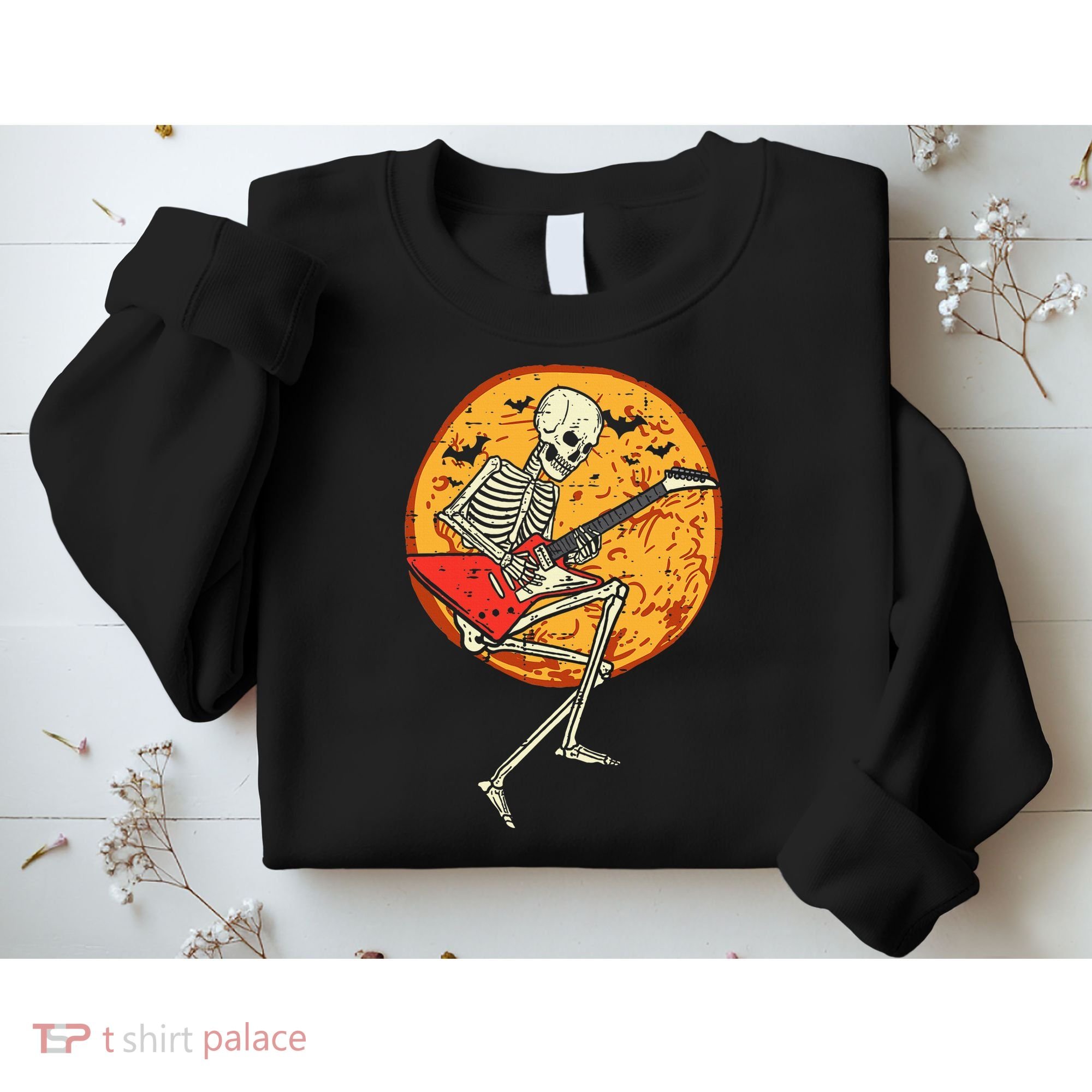 Skeleton Playing Guitar Rock Moon Halloween Music Sweatshirt