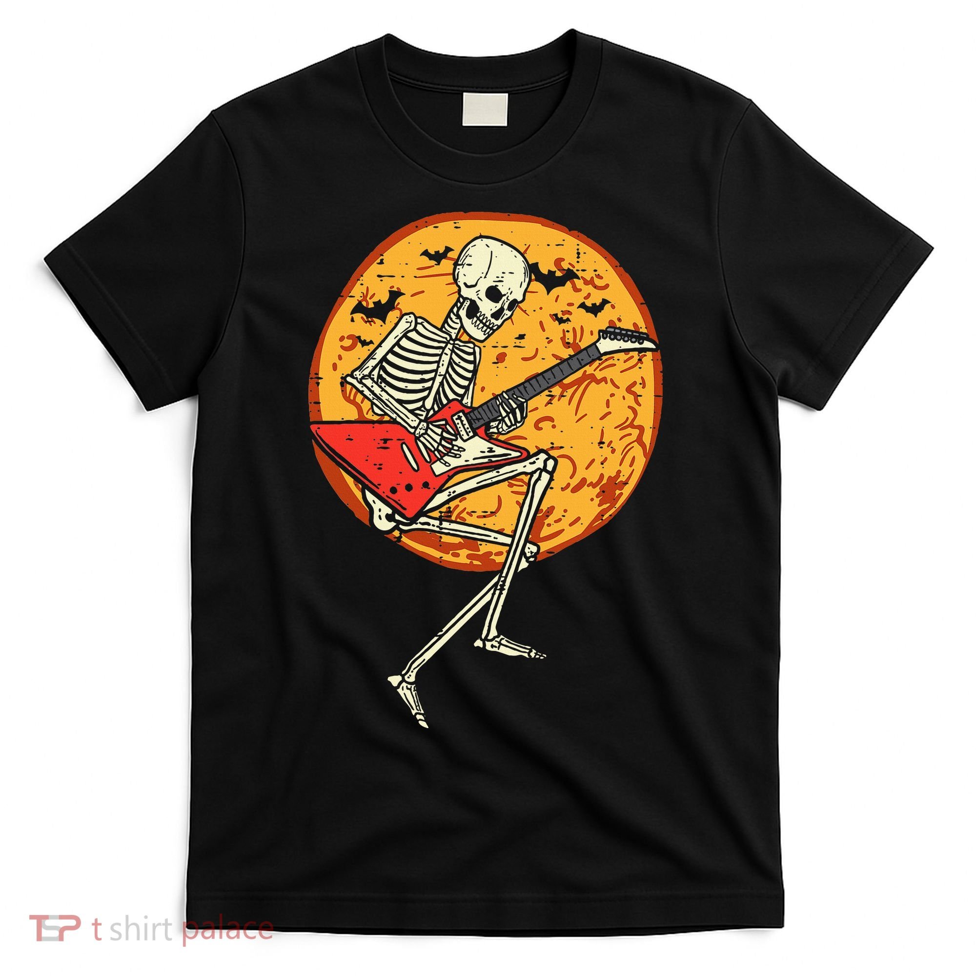 Skeleton Playing Guitar Rock Moon Halloween Music T-Shirt