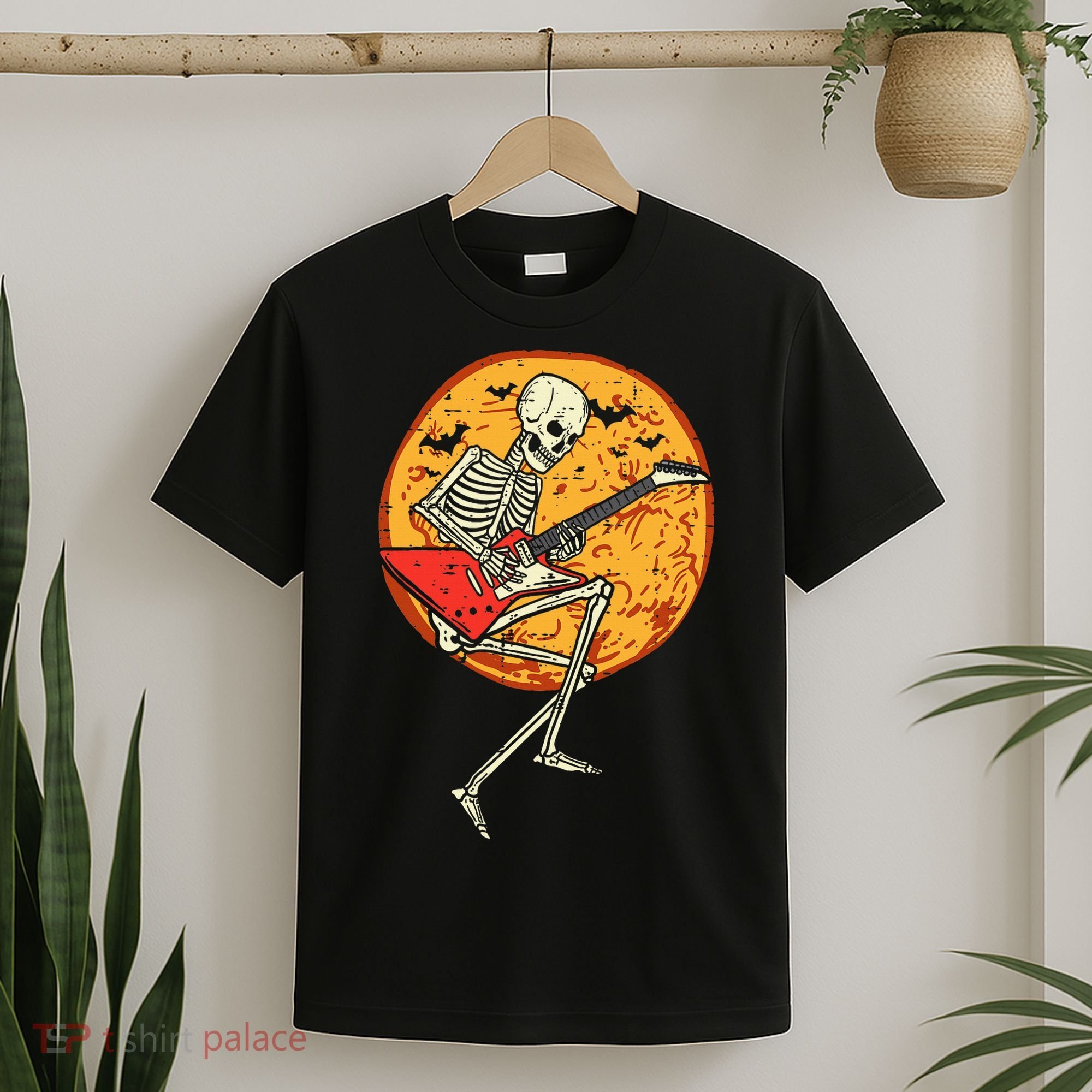 Skeleton Playing Guitar Rock Moon Halloween Music T-Shirt