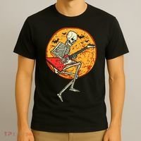 Skeleton Playing Guitar Rock Moon Halloween Music T-Shirt thumb 3