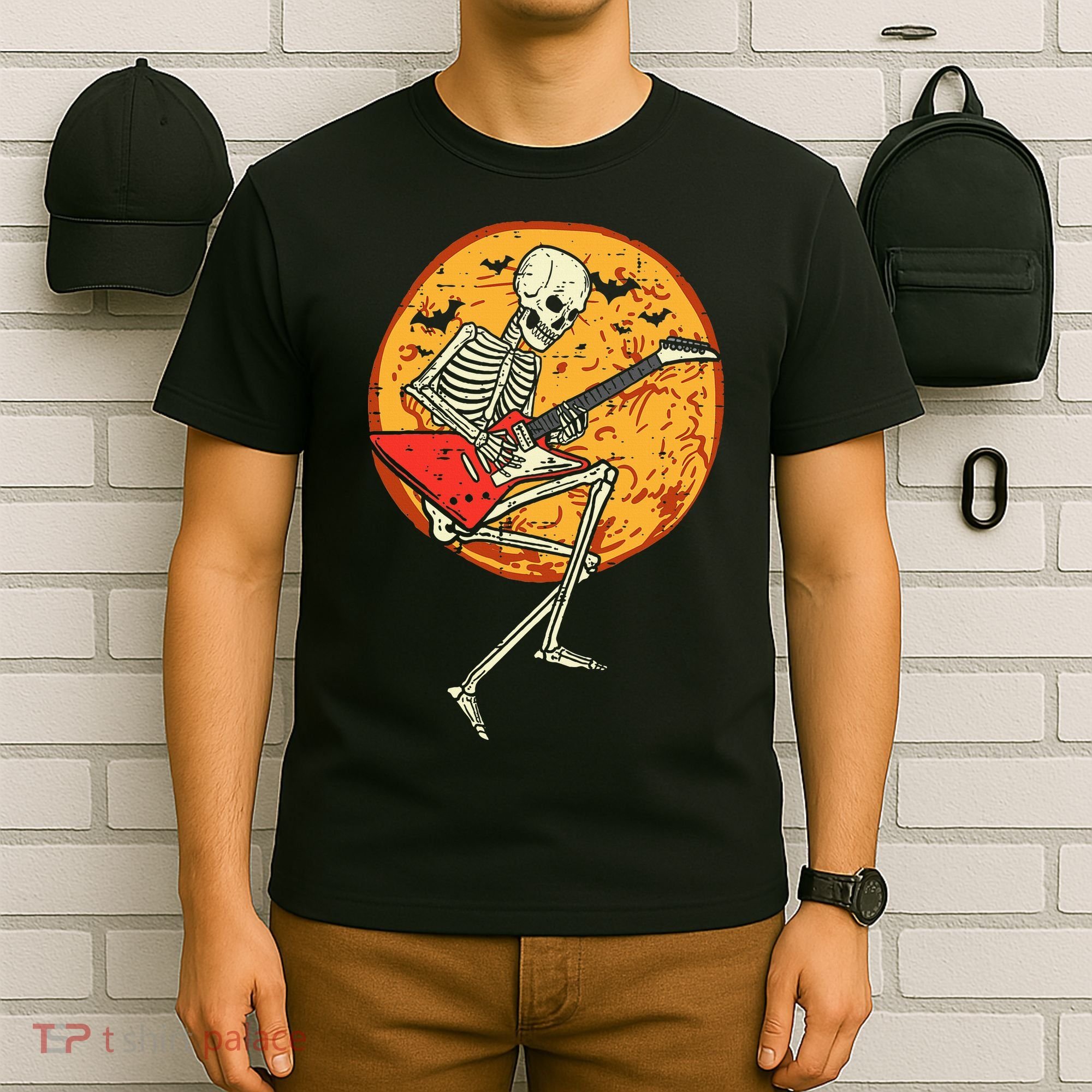 Skeleton Playing Guitar Rock Moon Halloween Music T-Shirt