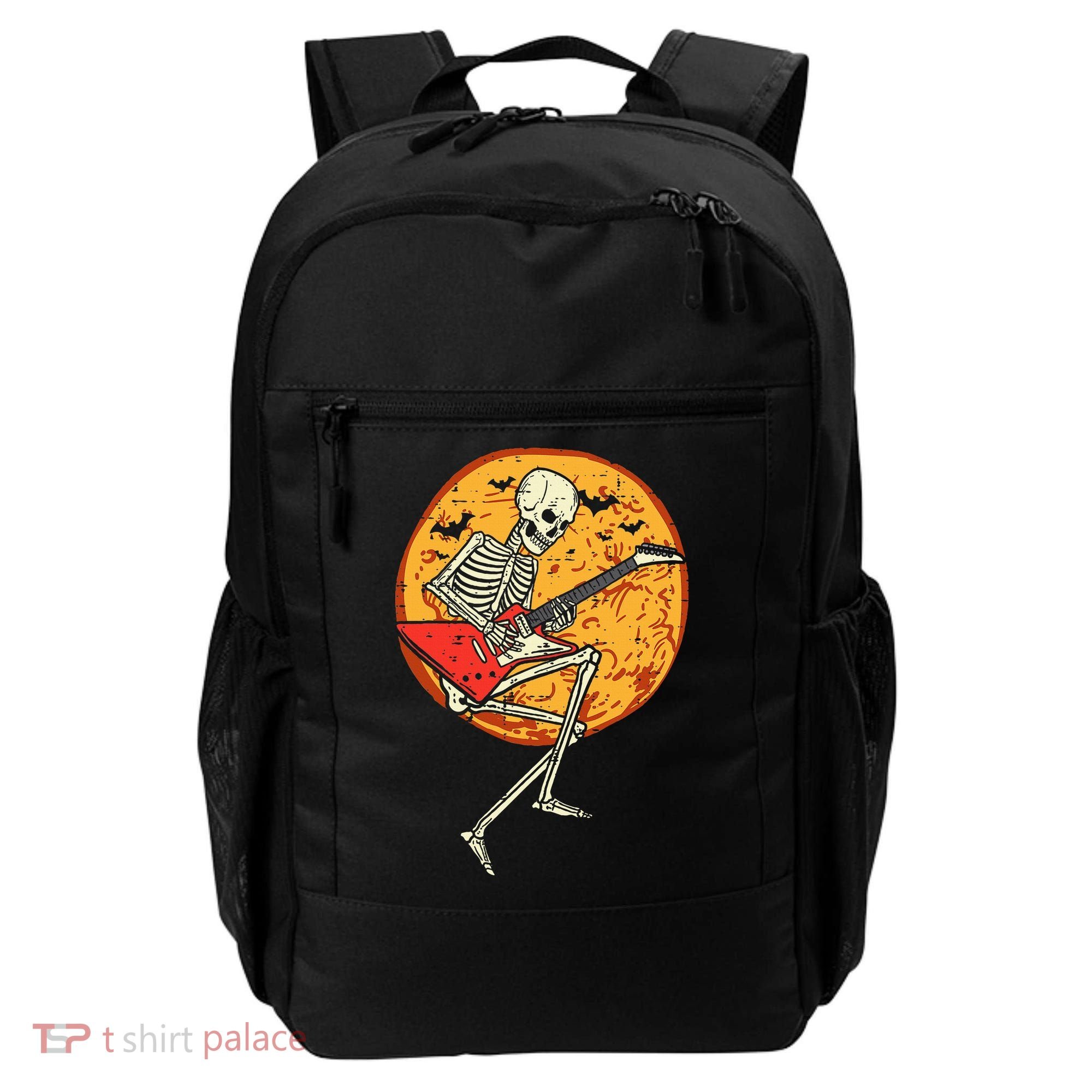 Skeleton Playing Guitar Rock Moon Halloween Music Backpack