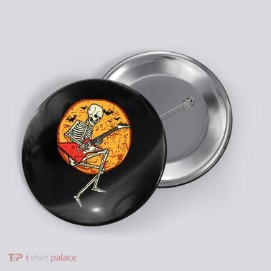 Skeleton Playing Guitar Rock Moon Halloween Music Button