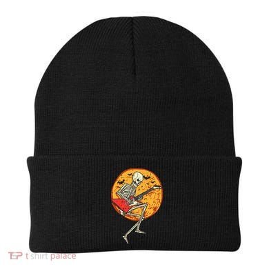 Skeleton Playing Guitar Rock Moon Halloween Music Beanie