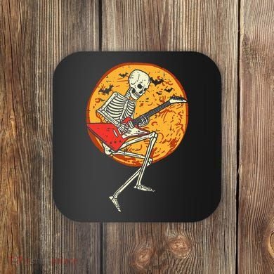 Skeleton Playing Guitar Rock Moon Halloween Music Coaster