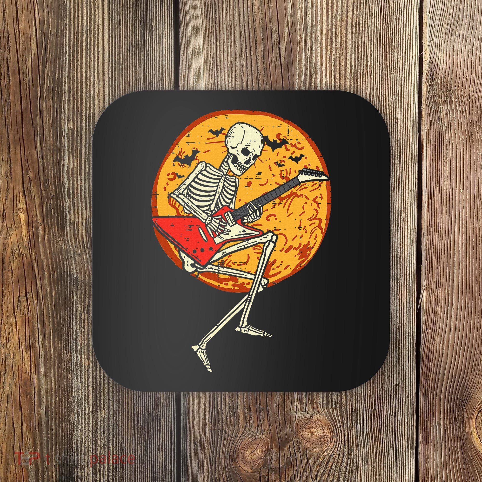 Skeleton Playing Guitar Rock Moon Halloween Music Coaster