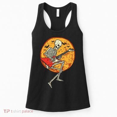 Skeleton Playing Guitar Rock Moon Halloween Music Women's Tank Top
