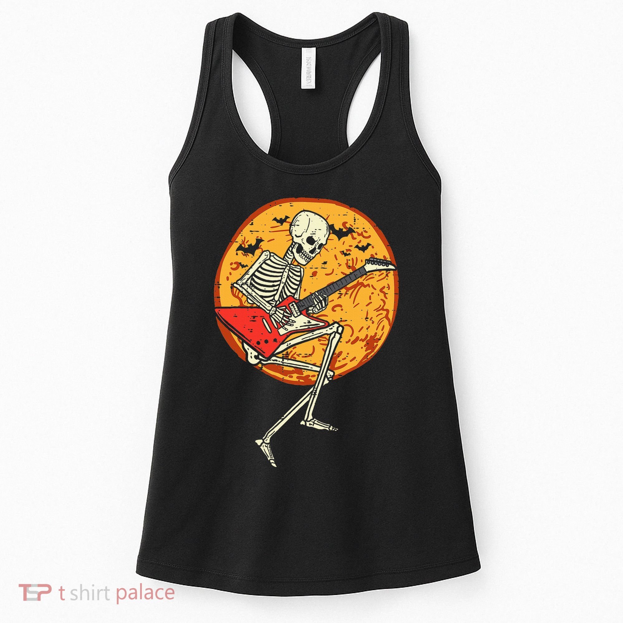 Skeleton Playing Guitar Rock Moon Halloween Music Women's Tank Top