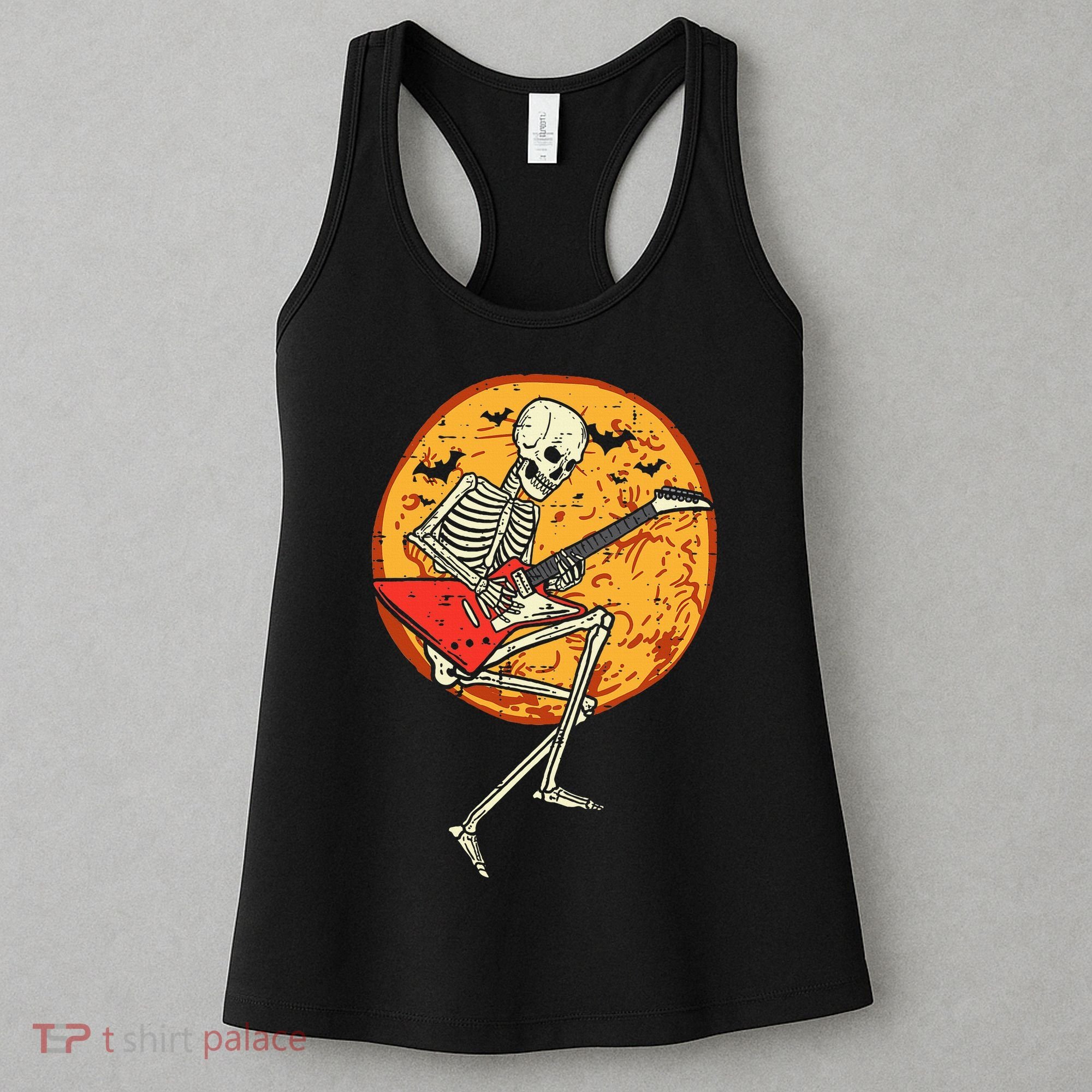 Skeleton Playing Guitar Rock Moon Halloween Music Women's Tank Top