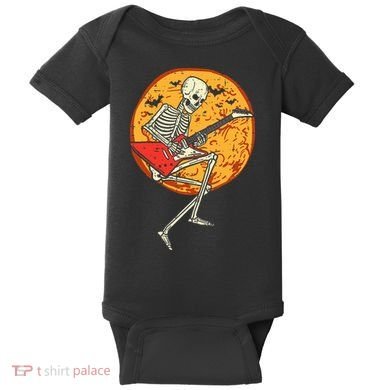 Skeleton Playing Guitar Rock Moon Halloween Music Baby Bodysuit