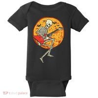 Skeleton Playing Guitar Rock Moon Halloween Music Baby Bodysuit thumb 0
