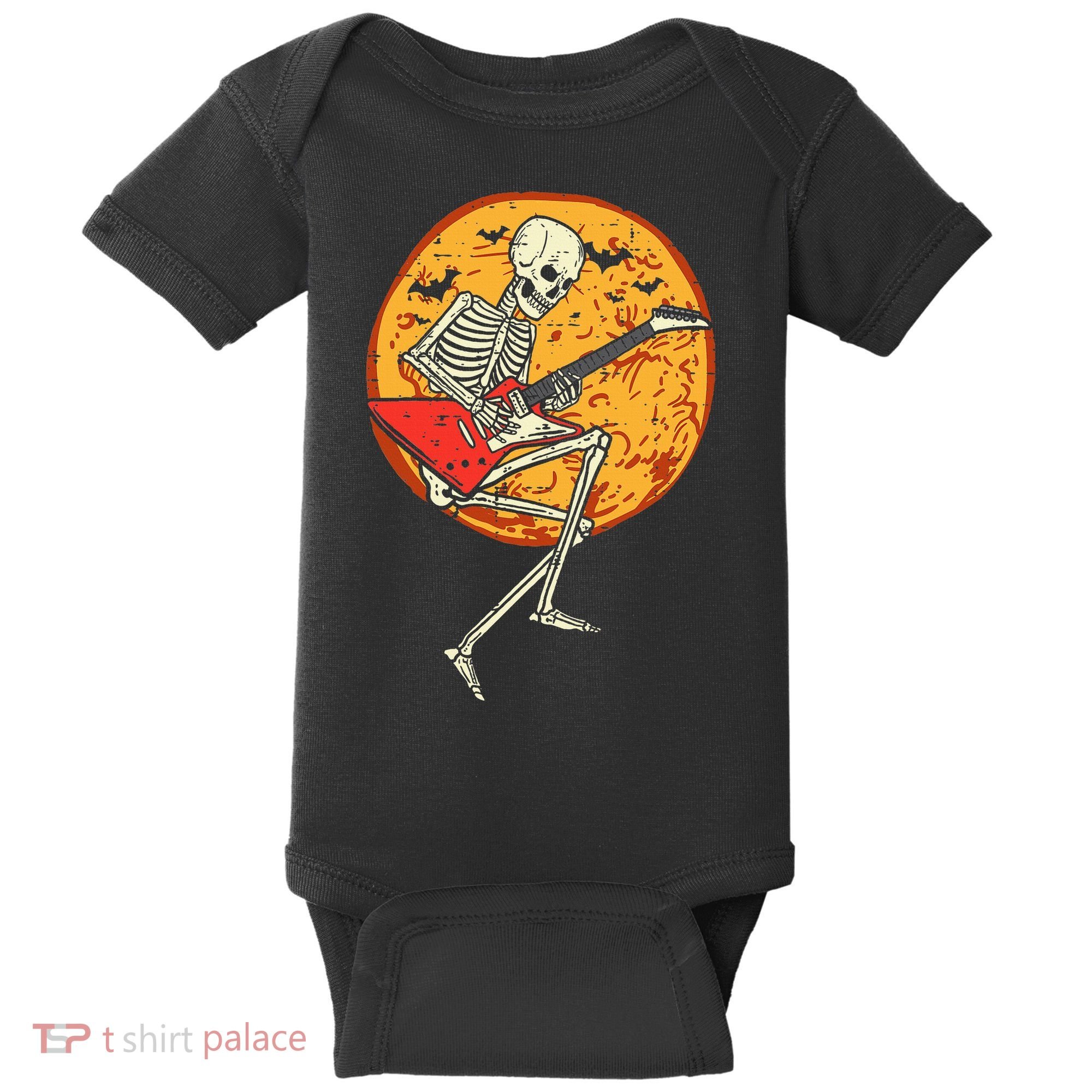Skeleton Playing Guitar Rock Moon Halloween Music Baby Bodysuit