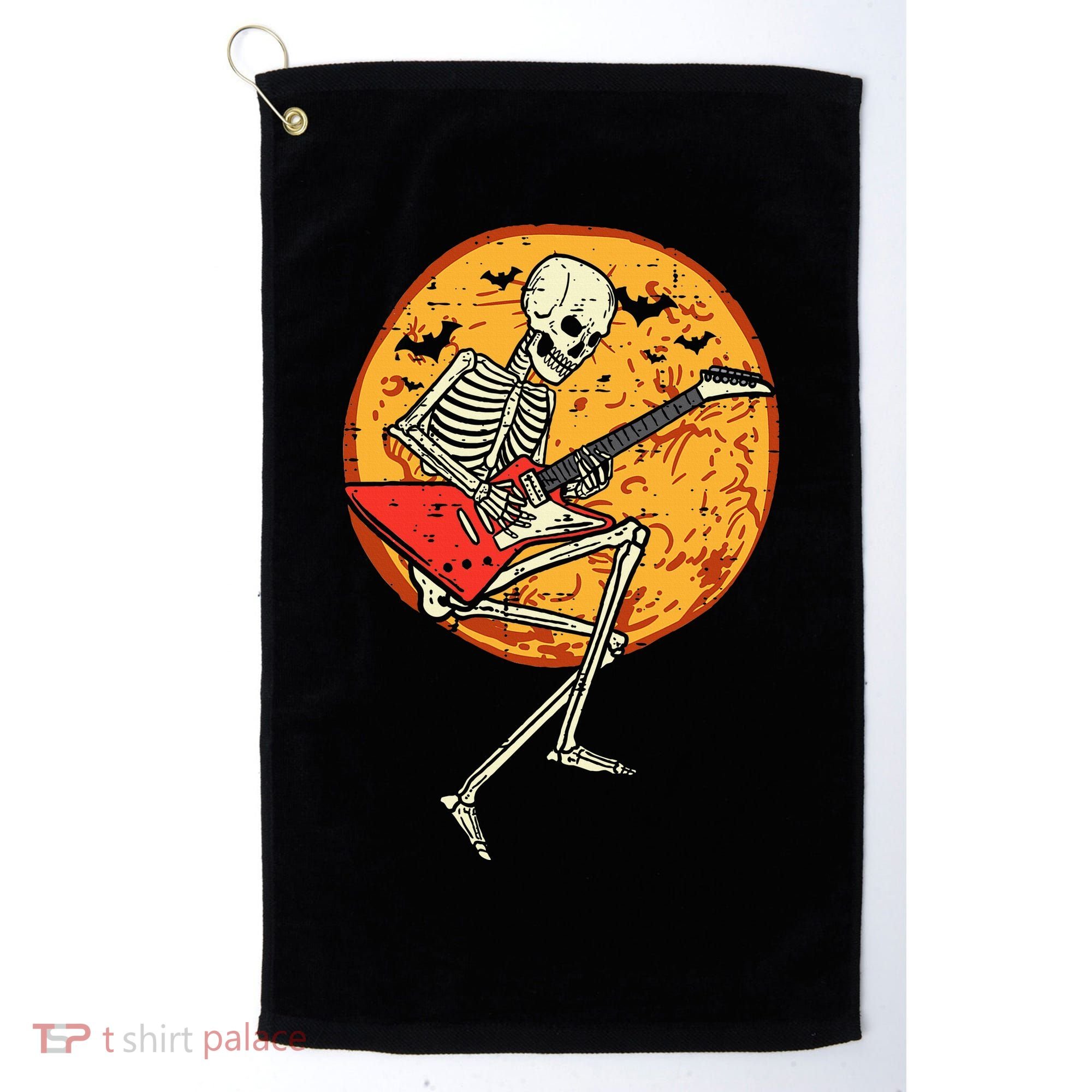 Skeleton Playing Guitar Rock Moon Halloween Music Golf Towel