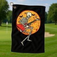 Skeleton Playing Guitar Rock Moon Halloween Music Golf Towel thumb 1