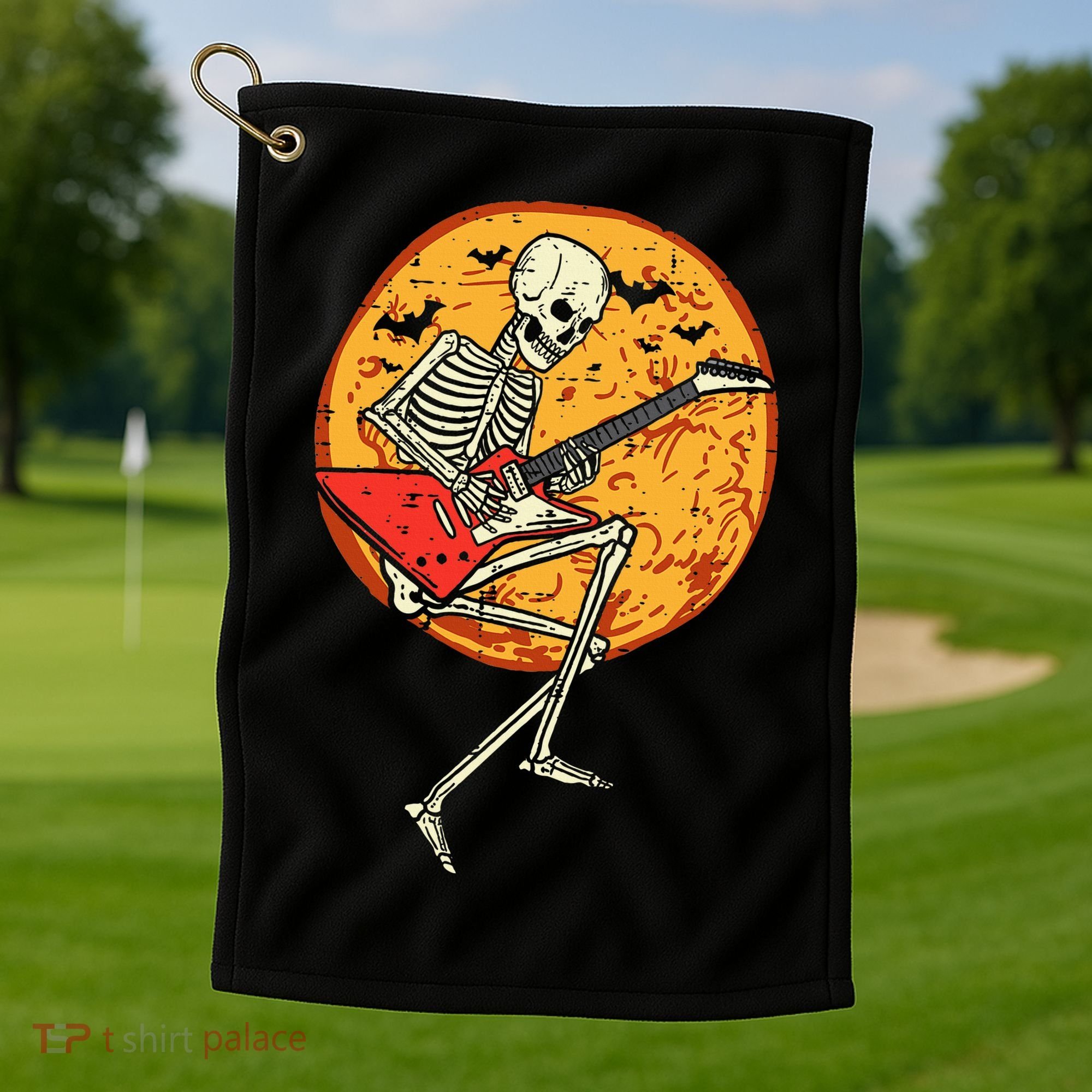 Skeleton Playing Guitar Rock Moon Halloween Music Golf Towel