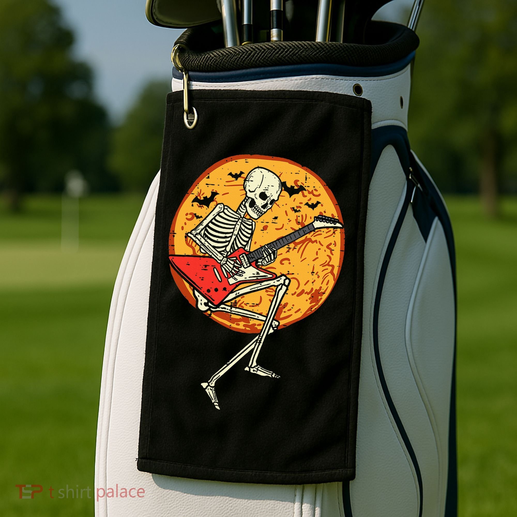 Skeleton Playing Guitar Rock Moon Halloween Music Golf Towel