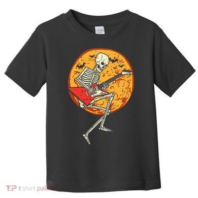 Skeleton Playing Guitar Rock Moon Halloween Music Toddler T-Shirt