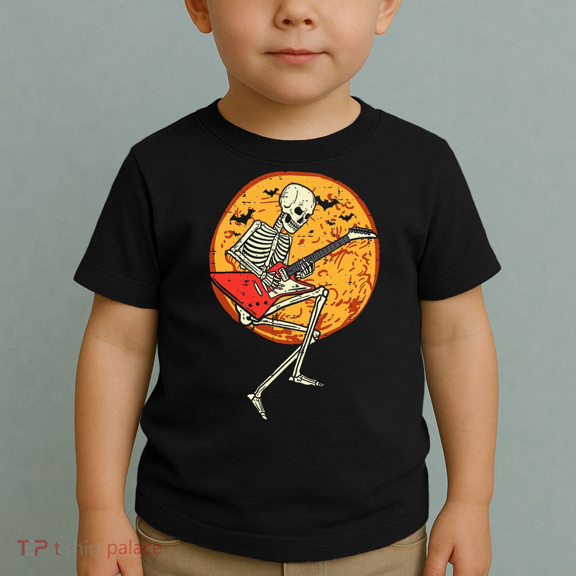 Skeleton Playing Guitar Rock Moon Halloween Music Toddler T-Shirt